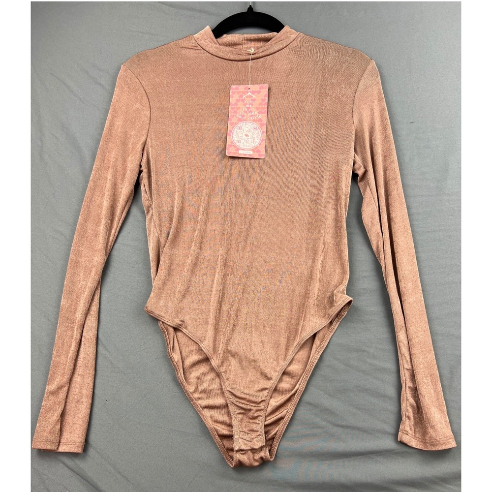 Heart & Hips Bodysuit Womens Large Mock Neck Long Sleeve Rose Gold Metallic NWT